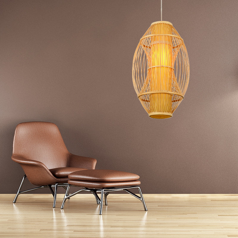 Beige oblong Shade suspendue pendante lumière contemporain 1 tête bambou lampe pour la cuisine