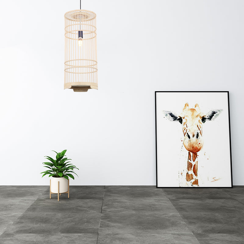 Cylindrical Shade Hanging Light Asian Style Bamboo 1-Bulb Beige Pendant Lamp for Dining Room