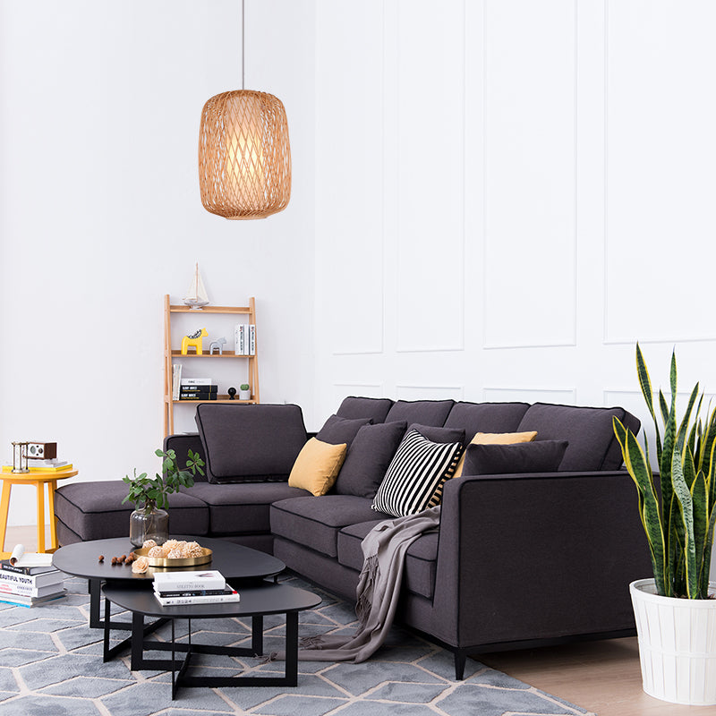 Asian Stylish Hand-Knitted Hanging Lighting with Cylinder Shade Bamboo 1 Light Living Room Pendant Lamp in Beige