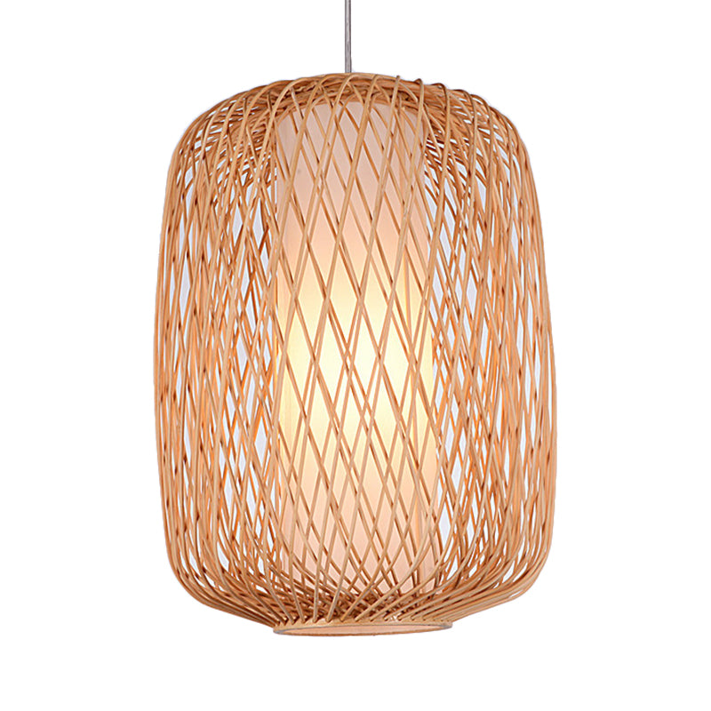Asian Stylish Hand-Knitted Hanging Lighting with Cylinder Shade Bamboo 1 Light Living Room Pendant Lamp in Beige