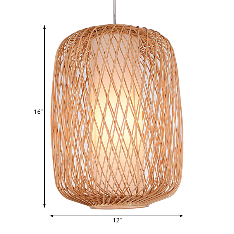 Asian Stylish Hand-Knitted Hanging Lighting with Cylinder Shade Bamboo 1 Light Living Room Pendant Lamp in Beige