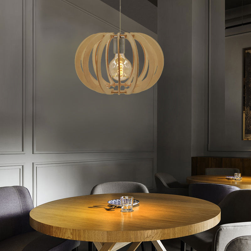 Contemporáneo de tambor redonda Madera clara 1 Restaurante ligero Luz colgante de lámpara en beige
