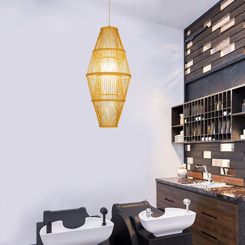 1 Head Dining Room Hanging Lamp with Woven Bamboo Shade Modern Style Beige Suspended Light