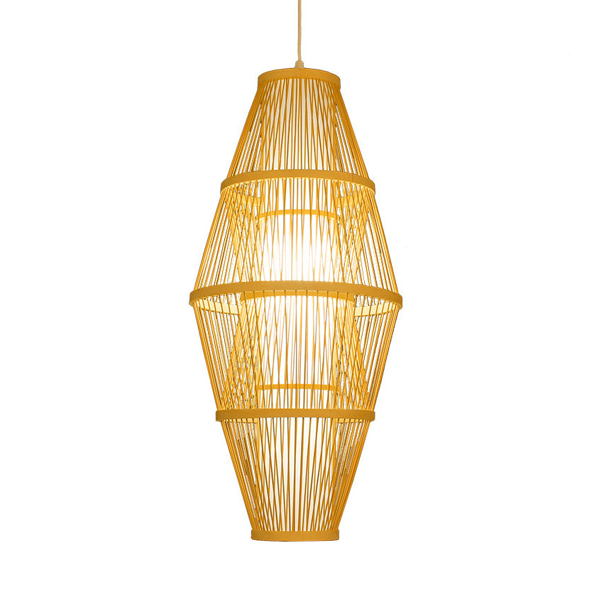 1 Head Dining Room Hanging Lamp with Woven Bamboo Shade Modern Style Beige Suspended Light