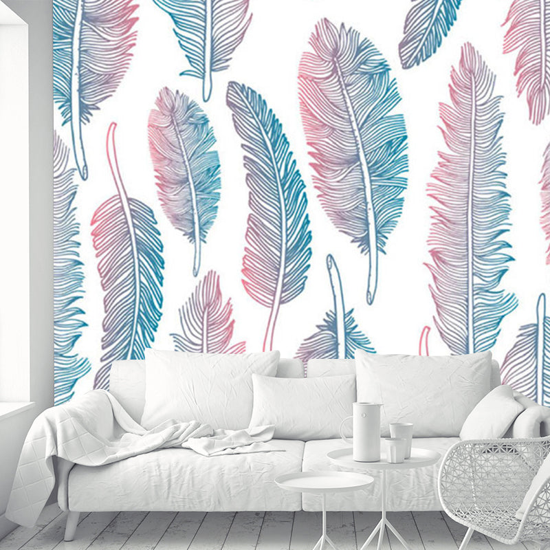 Pink-Blue Feathers Wallpaper Murals Moisture Resistant Modern Living Room Wall Art
