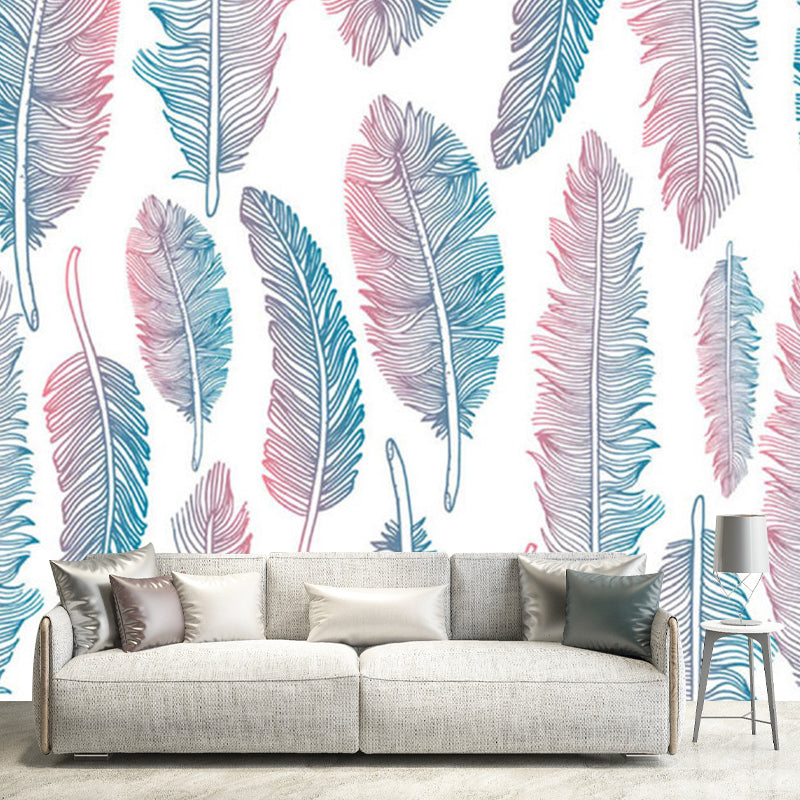 Pink-Blue Feathers Wallpaper Murals Moisture Resistant Modern Living Room Wall Art