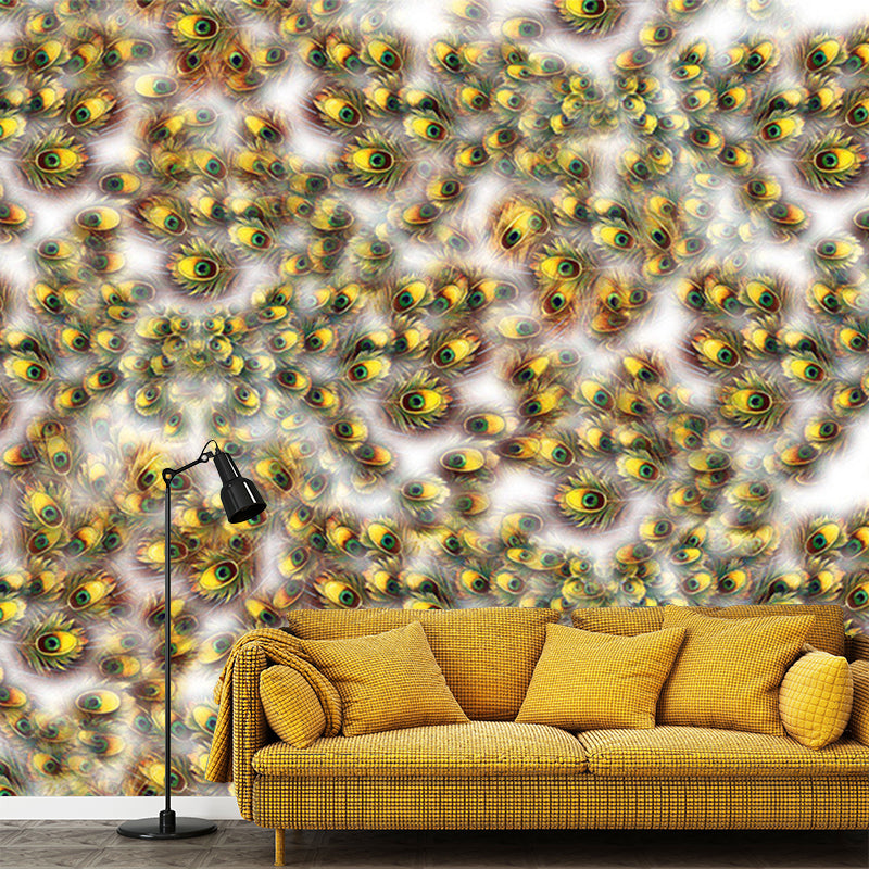 Contemporary Feather Mural Decal Non Woven Decorative Yellow and Green Wall Decor for Kitchen