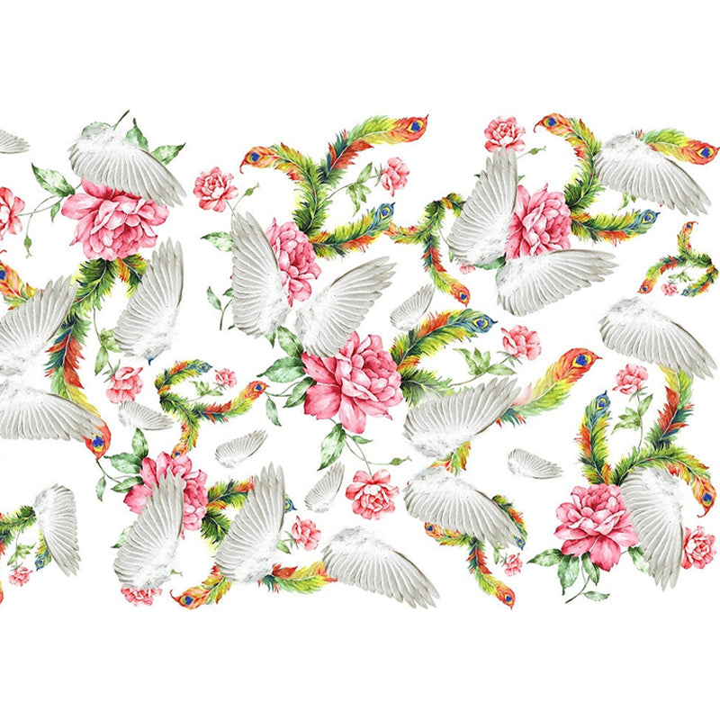 Pink-Green Wing Murals Wallpaper Flower with Feather Modern Dec0rative Wall Art for Bedroom