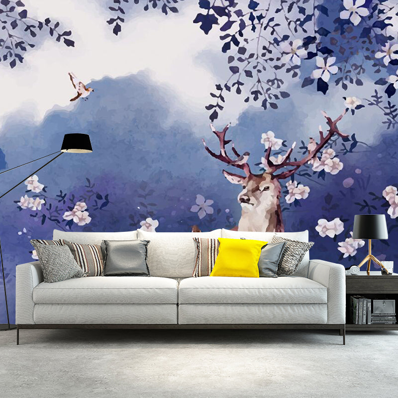 Purple Art Deco Wall Paper Murals Large Deer in Flower Field Wall Covering for Bedroom