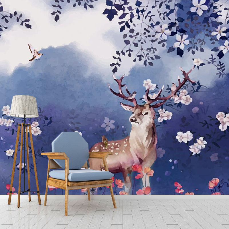 Purple Art Deco Wall Paper Murals Large Deer in Flower Field Wall Covering for Bedroom