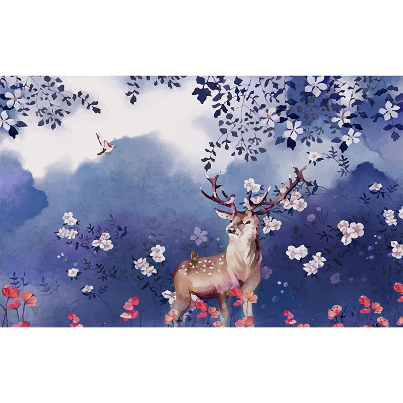 Purple Art Deco Wall Paper Murals Large Deer in Flower Field Wall Covering for Bedroom