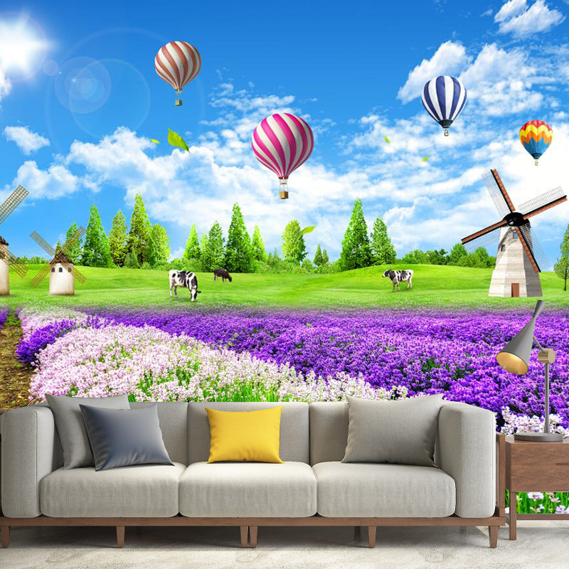 Whole Lavender Field Wall Murals Modern Enchanting Scenery Wall Art in Purple-Blue