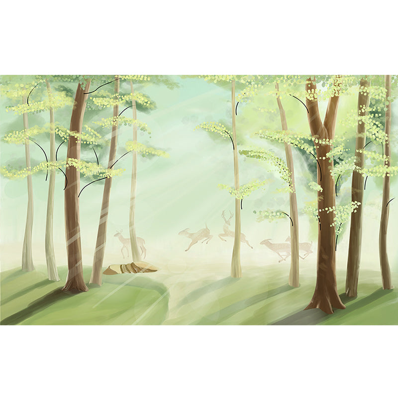 Non-Woven Waterproof Mural Nordic Flock of Deer in Misty Forest Pattern Wall Decor, Green