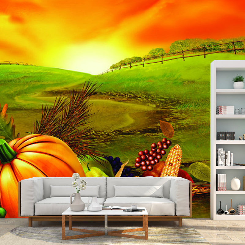 Food Harvest at Dusk Murals Wallpaper Farmhouse Non-Woven Wall Covering in Orange-Green
