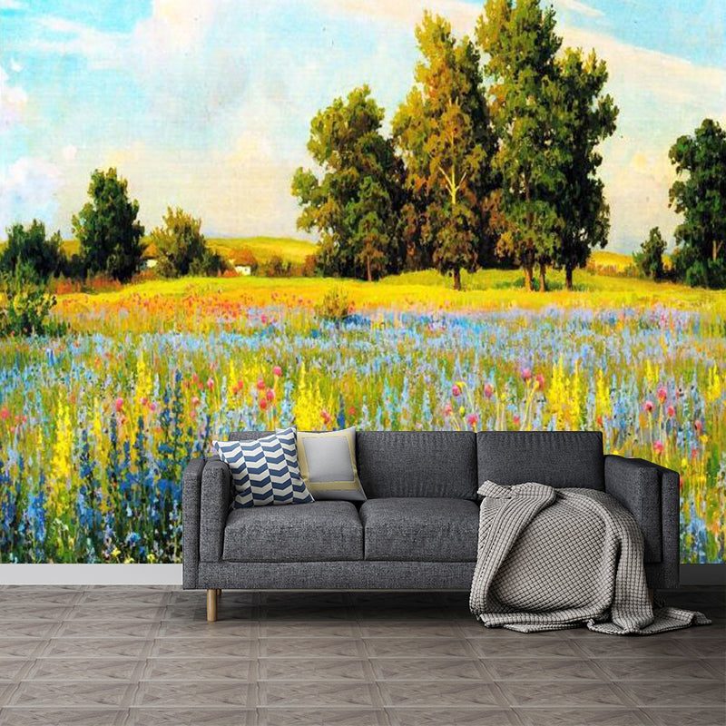 Rustic Autumn Landscape Painting Mural Yellow-Green Living Room Wall Decor, Custom Size