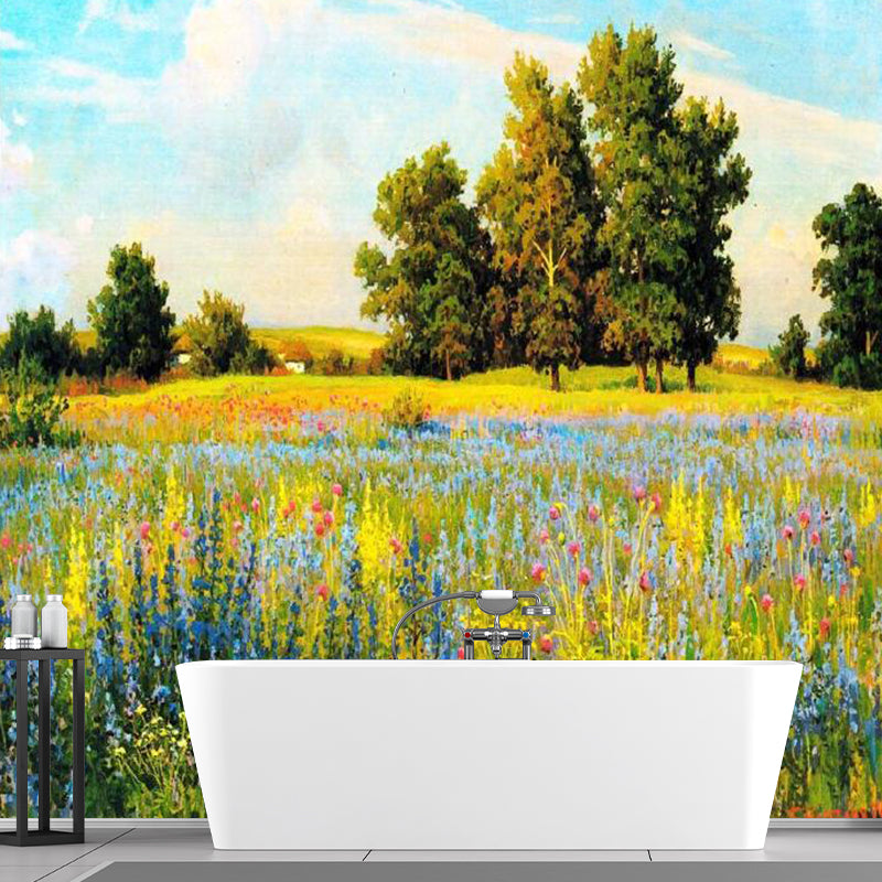Rustic Autumn Landscape Painting Mural Yellow-Green Living Room Wall Decor, Custom Size