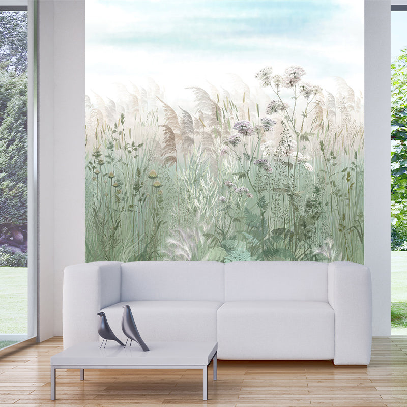 Reed Grass Plant Wall Murals Countryside Non-Woven Material Wall Covering in Grey-Green