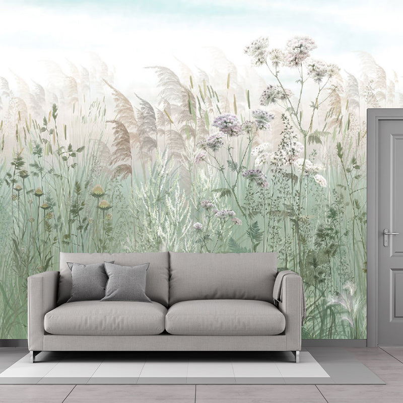 Reed Grass Plant Wall Murals Countryside Non-Woven Material Wall Covering in Grey-Green