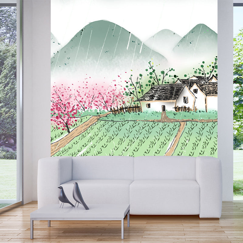Rural Scenery Farmland Murals Pink-Green Moisture Resistant Wall Art for Living Room