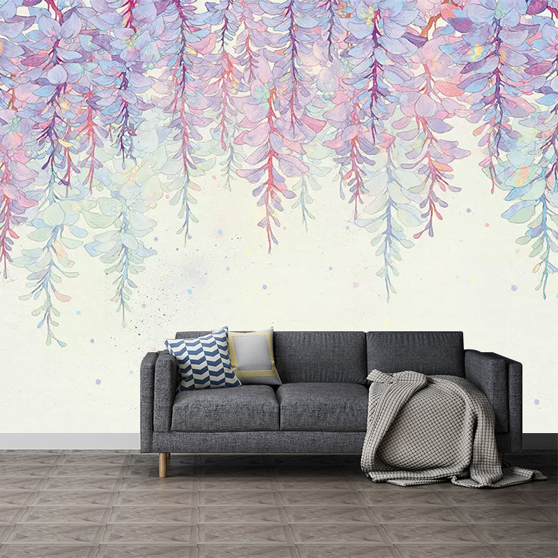 Purple Wisteria Mural Wallpaper Flower Stylish Moisture Resistant Wall Covering for Home