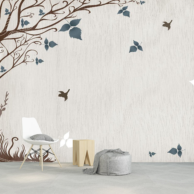 Grey-Blue Tree Wallpaper Murals Water Resistant Rustic Living Room Wall Art, Non-Woven