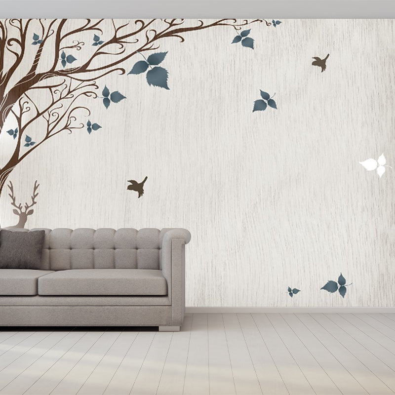 Grey-Blue Tree Wallpaper Murals Water Resistant Rustic Living Room Wall Art, Non-Woven