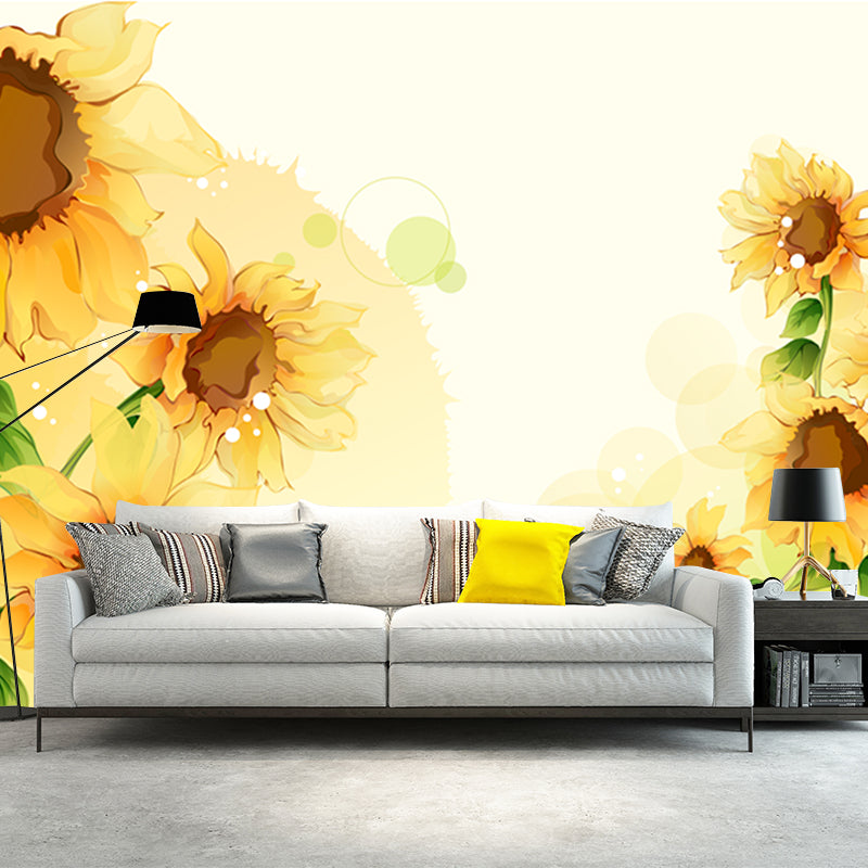 Sunflower Drawing Mural Wallpaper Yellow-Green Contemporary Wall Art for Bedroom