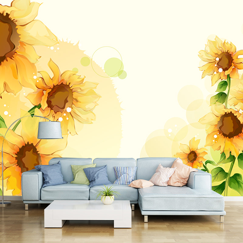 Sunflower Drawing Mural Wallpaper Yellow-Green Contemporary Wall Art for Bedroom