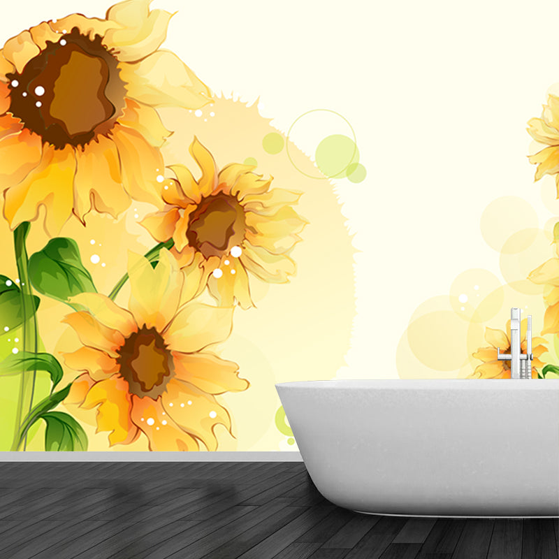 Sunflower Drawing Mural Wallpaper Yellow-Green Contemporary Wall Art for Bedroom