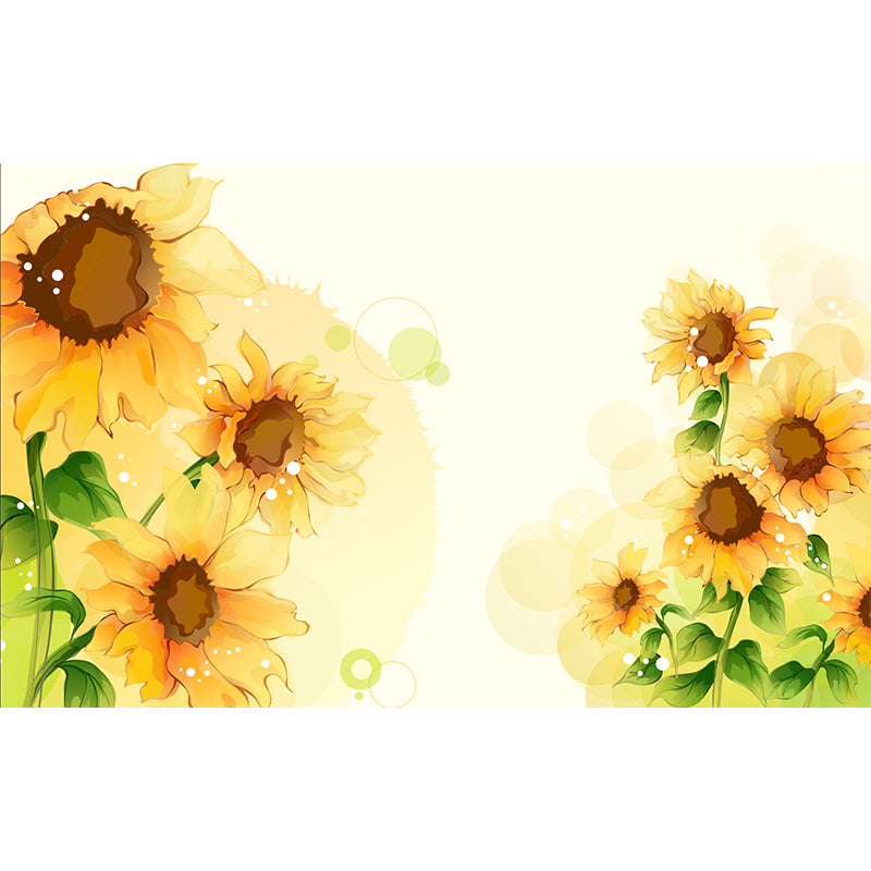 Sunflower Drawing Mural Wallpaper Yellow-Green Contemporary Wall Art for Bedroom