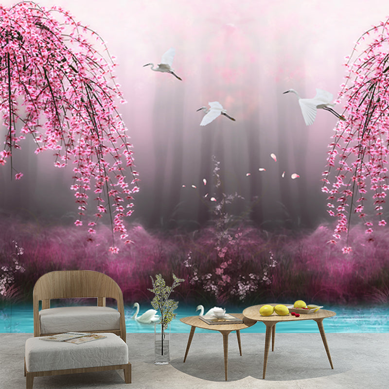 Beautiful Swan Lake Murals for Bedroom Cherry Blossom Wall Decor, Custom Size Available