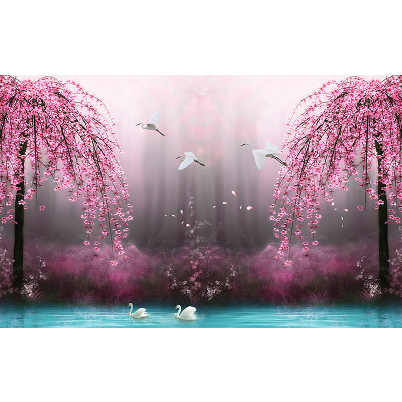 Beautiful Swan Lake Murals for Bedroom Cherry Blossom Wall Decor, Custom Size Available