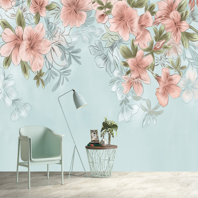 Country Girls Wallpaper Murals with Blooming Peach Pattern Pink and Blue Wall Decor