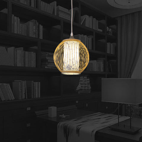 Bambuskugel Deckenlampe Chinesischer Stil 1 Leichtes Anhänger Hellhell mit blauem und weißem Muster in Schwarz/Holz