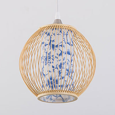 Bambuskugel Deckenlampe Chinesischer Stil 1 Leichtes Anhänger Hellhell mit blauem und weißem Muster in Schwarz/Holz