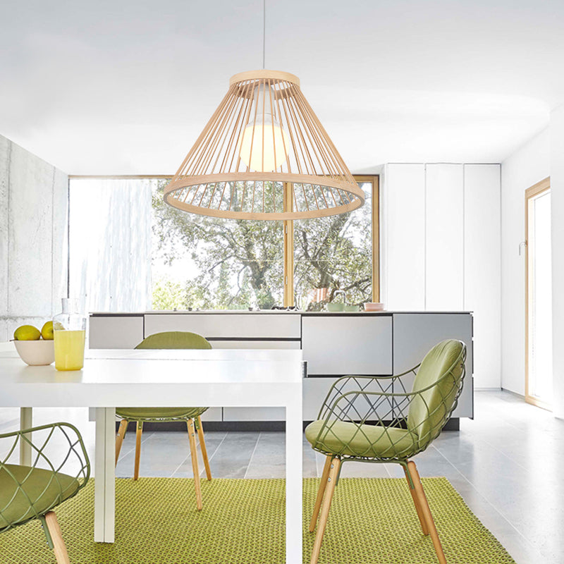 Bamboo Conical Shade Pendant Light Fixture Modern Style 1 Bulb Beige Suspension Lamp for Living Room