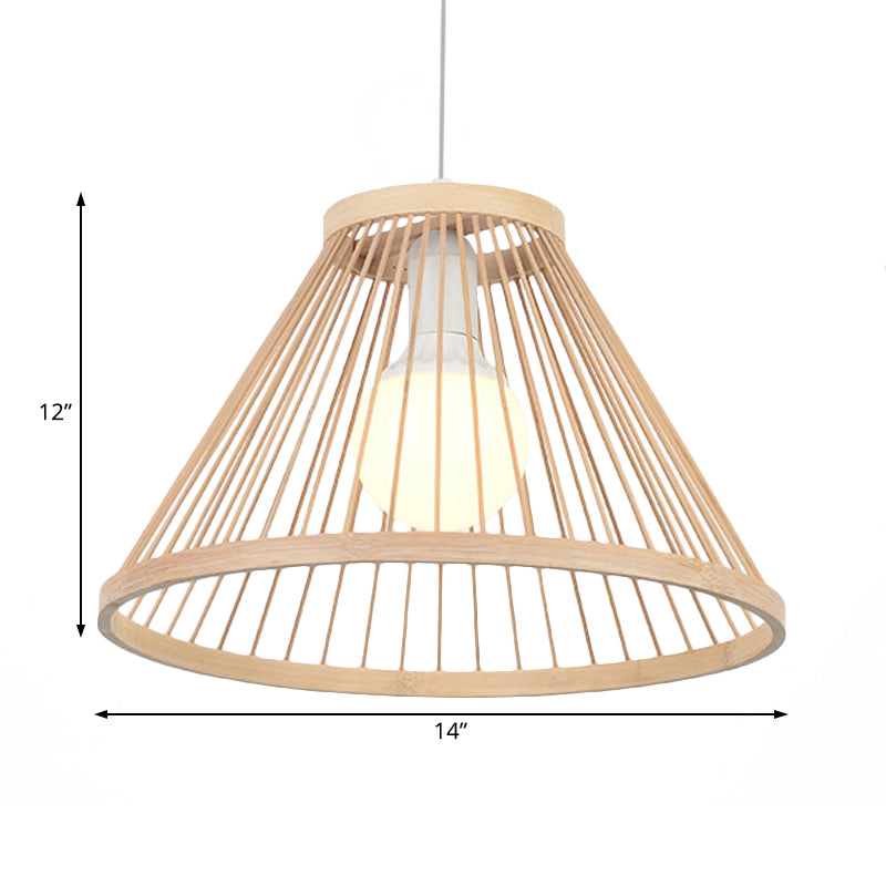 Bamboo Conical Shade Pendant Light Fixture Modern Style 1 Bulb Beige Suspension Lamp for Living Room