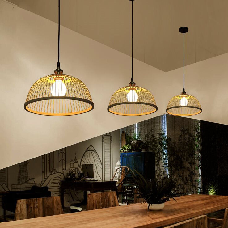 Asian Stylish Dome/Saucer Pendant Hanging Lamp Bamboo 1 Head Ceiling Light in Beige for Dining Room