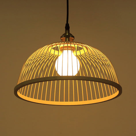 Asian Stylish Dome/Saucer Pendant Hanging Lamp Bamboo 1 Head Ceiling Light in Beige for Dining Room