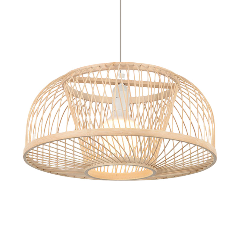 Beige Domed Hanging Ceiling Light Asian Style 1 Head Bamboo Pendant Lighting for Living Room
