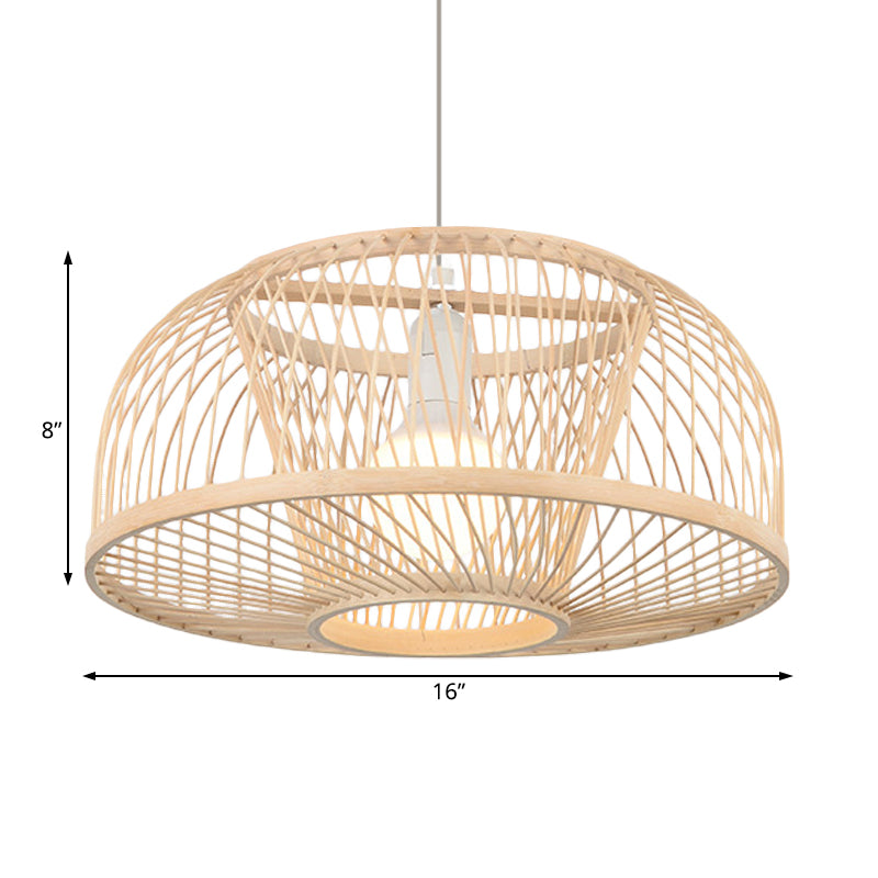 Beige Domed Hanging Ceiling Light Asian Style 1 Head Bamboo Pendant Lighting for Living Room