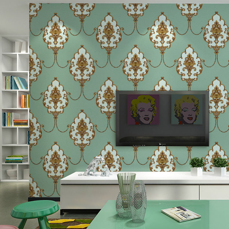 Grüne Vintage-Tapete, 5,5 m², Wanddekoration mit Medaillonmuster für das Wohnzimmer, 3D-geprägte Textur