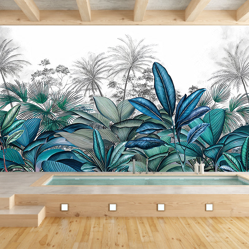 Tropical Plant Ginger Leaf Mural Decal Blue and White Water Resistant Wall Art for Bedroom