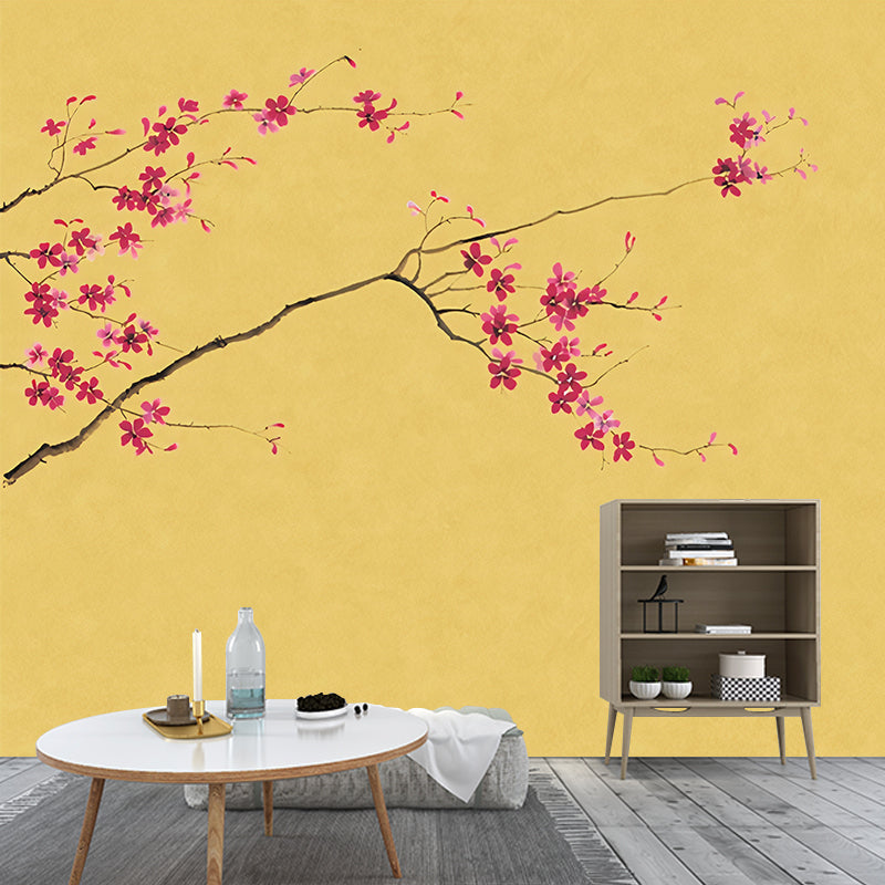Enchanting Plum Branch Mural Decal Moisture Resistant Asian Bedroom Wall Art in Dark Color