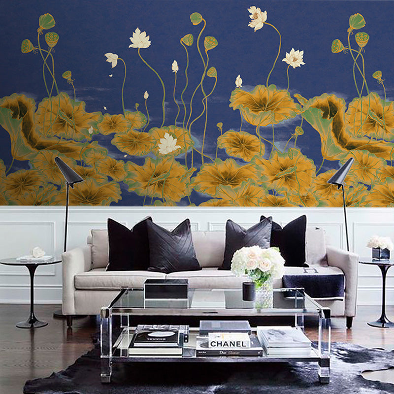 Lotus Pond Painting Wall Mural Dark Color Chinoiserie Wall Covering for Study Room