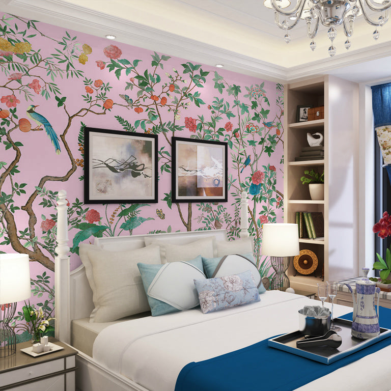 Personalized Illustration Stylish Murals with Bird and Flower Bushes Pattern in Soft Color