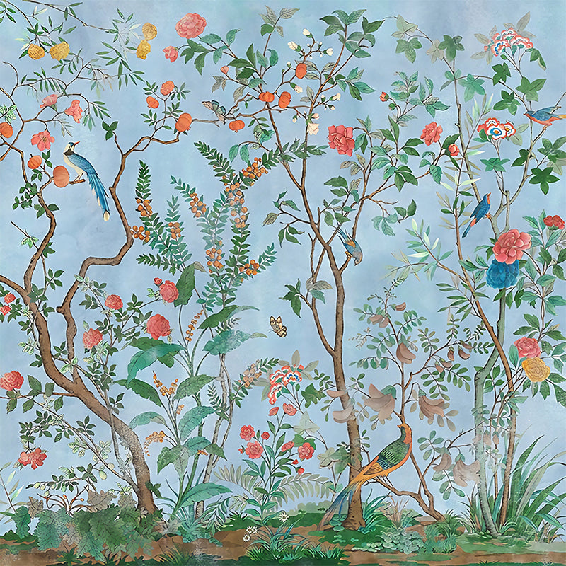 Personalized Illustration Stylish Murals with Bird and Flower Bushes Pattern in Soft Color