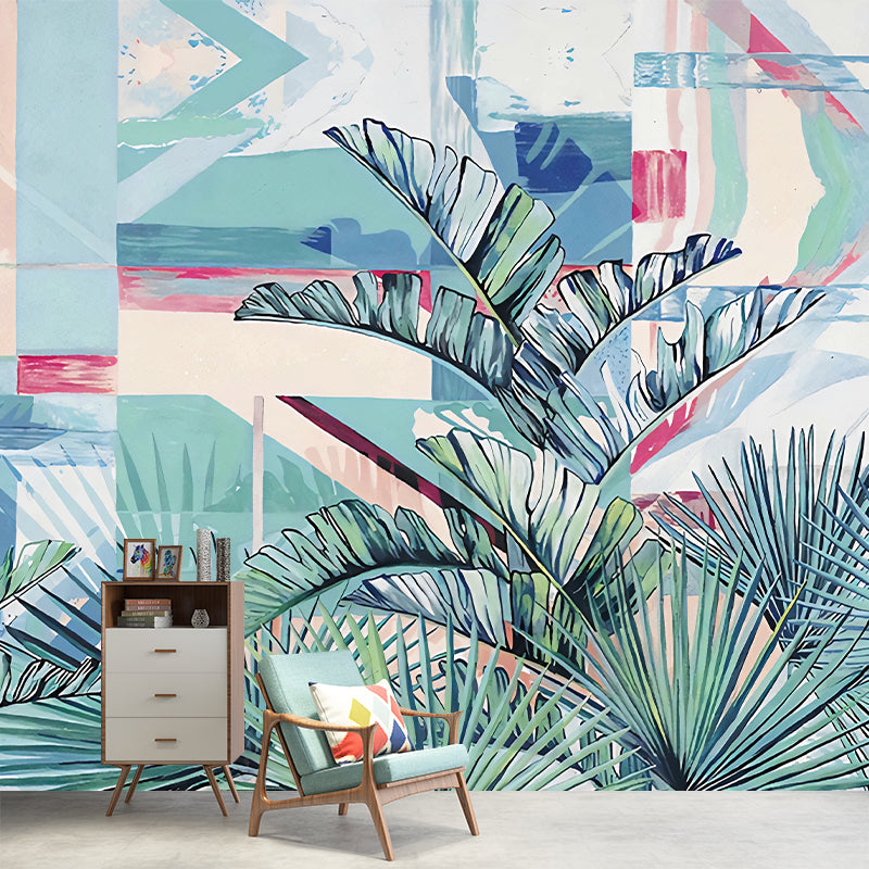 Whole Plants Wall Murals Tropics Leaves Wall Covering in Blue-Green for Living Room