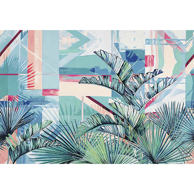 Whole Plants Wall Murals Tropics Leaves Wall Covering in Blue-Green for Living Room