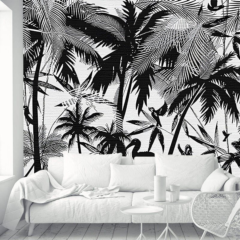 Whole Tropical Wall Paper Murals Black Coastal Palm Trees and Flamingo Painting Wall Art, Made to Measure